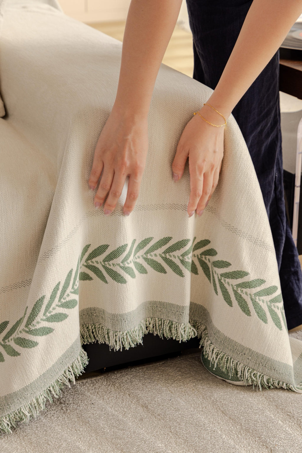 Sofa Decor Elowen Olive Border Sofa Throw Cover in Olive Border - olive border sofa throw cover hand and drape closeup in Australia, image 16