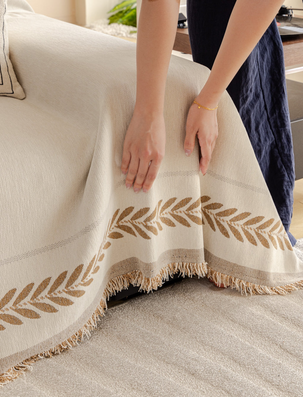 Sofa Decor Elowen Olive Border Sofa Throw Cover in Olive Border - olive border sofa throw cover hand and drape closeup in Australia, image 20