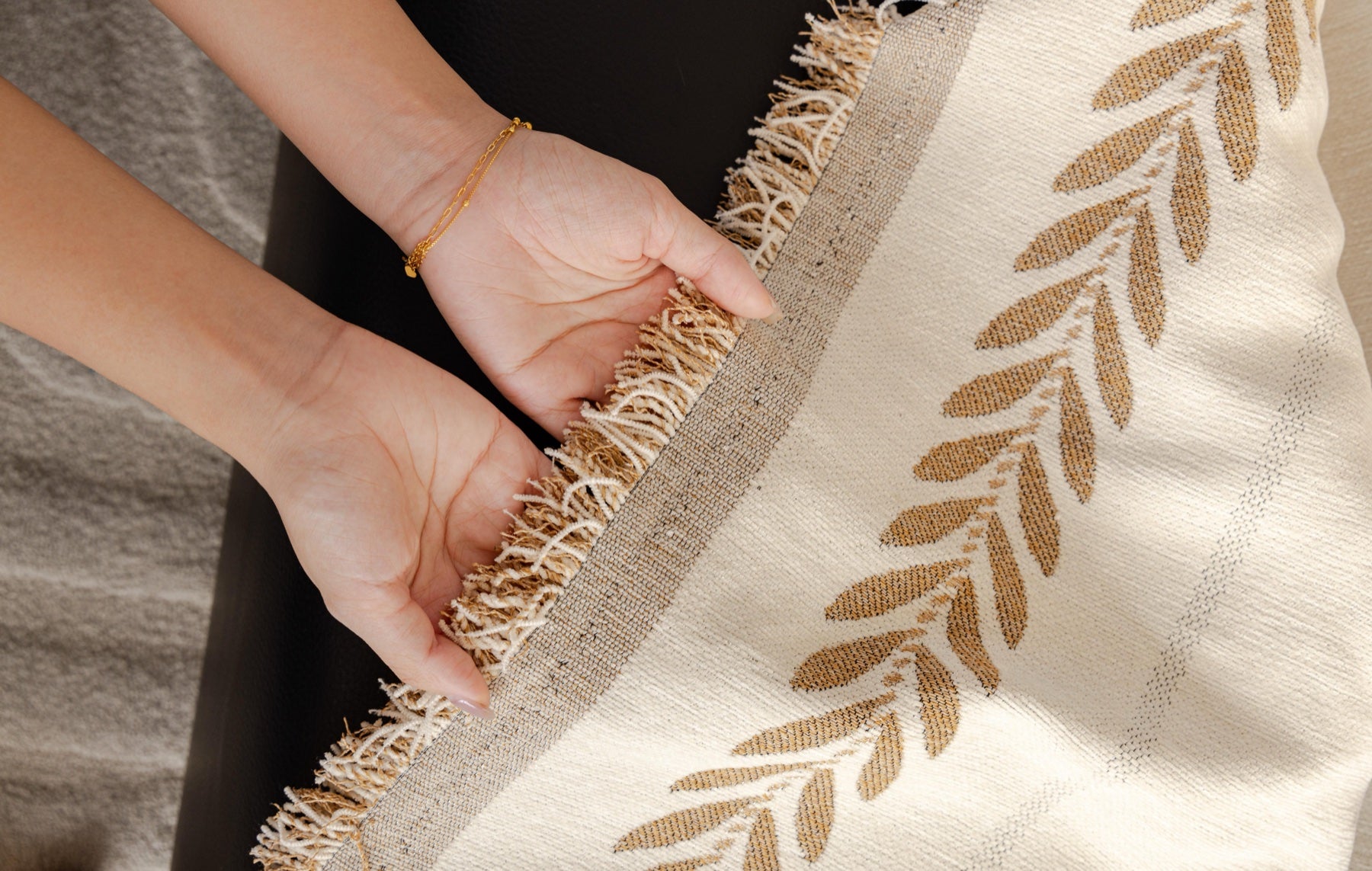 Sofa Decor Elowen Olive Border Sofa Throw Cover in Olive Border - olive border sofa throw cover hand and drape closeup in Australia, image 24
