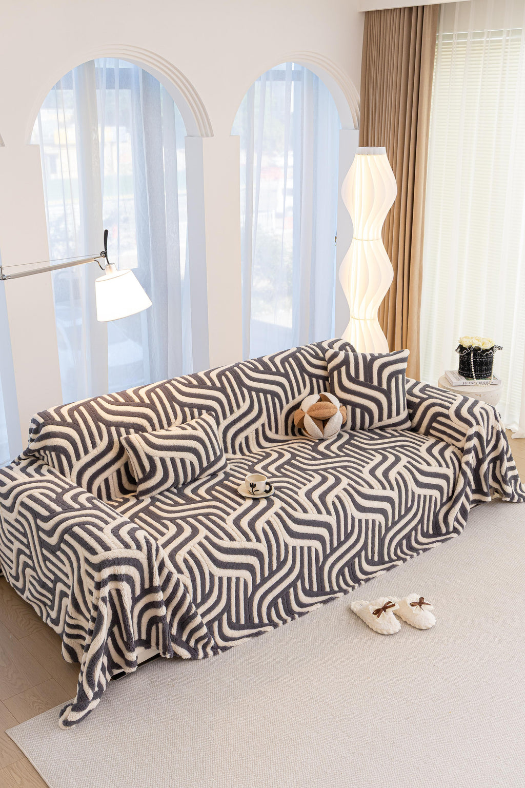 Sofa Decor Riviera Wave Stripe Sofa Cover in Grey Cream - styled sofa image for plush patterned couch covers in Australia