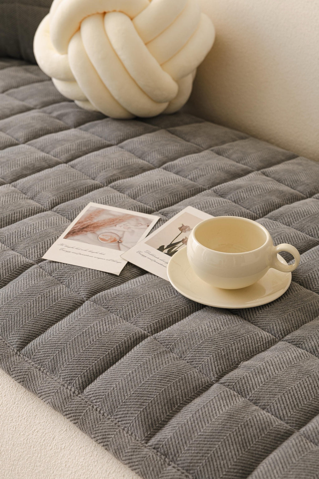 Sofa Decor Haven Quilted Corduroy Sofa Cover Piece in Charcoal Grey - close sofa seat styling view for quilted corduroy sofa cover pieces in Australia, image 8