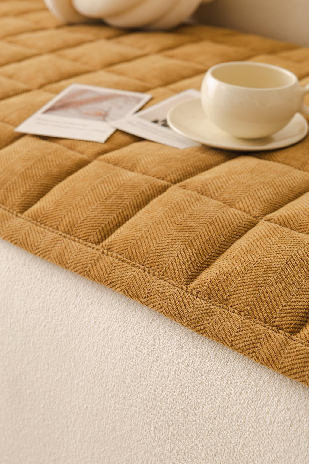 Sofa Decor Haven Quilted Corduroy Sofa Cover Piece in Ochre Gold - close sofa seat styling view for quilted corduroy sofa cover pieces in Australia, image 23