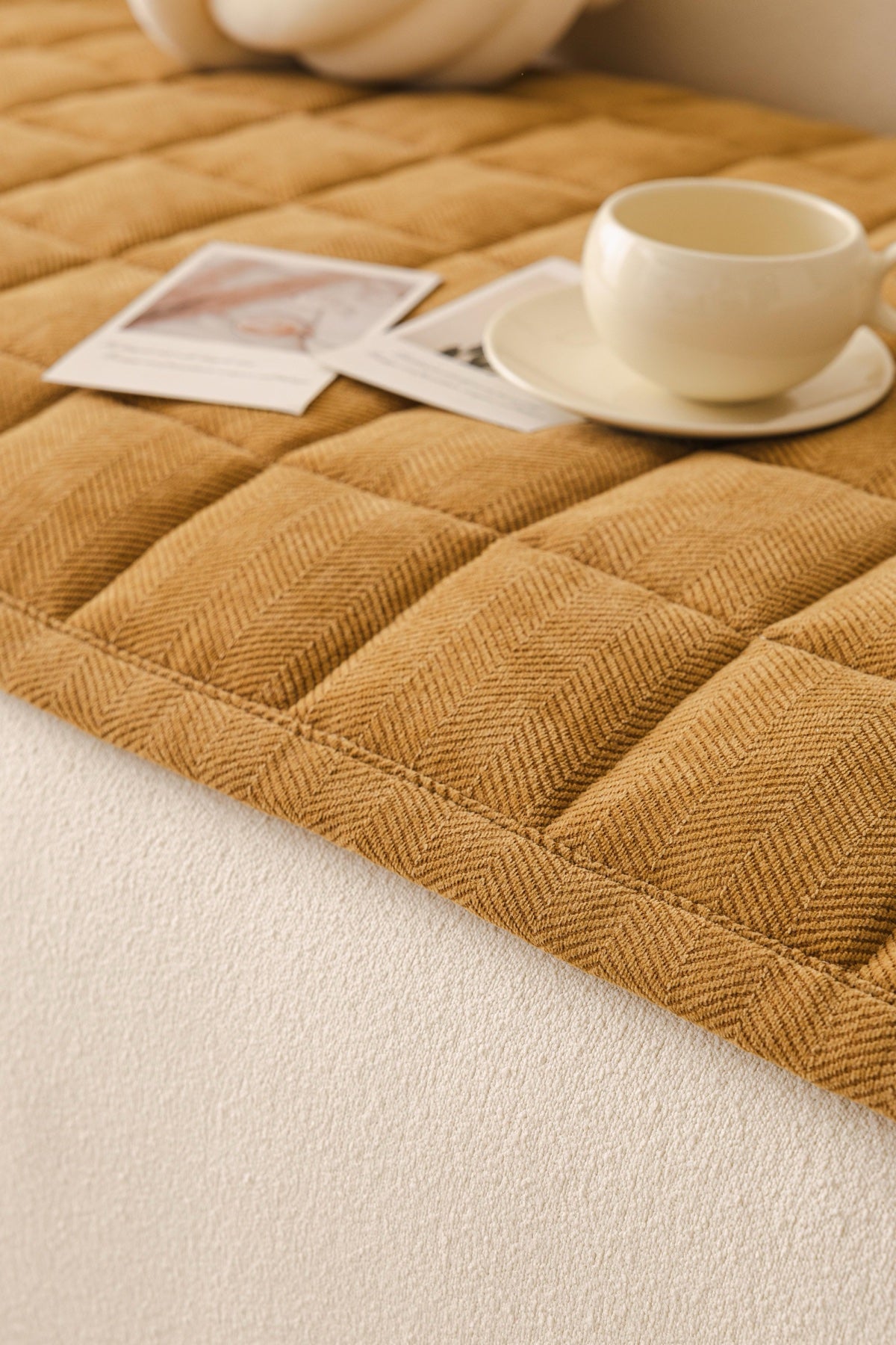 Sofa Decor Haven Quilted Corduroy Sofa Cover Piece in Ochre Gold - close sofa seat styling view for quilted corduroy sofa cover pieces in Australia, image 23