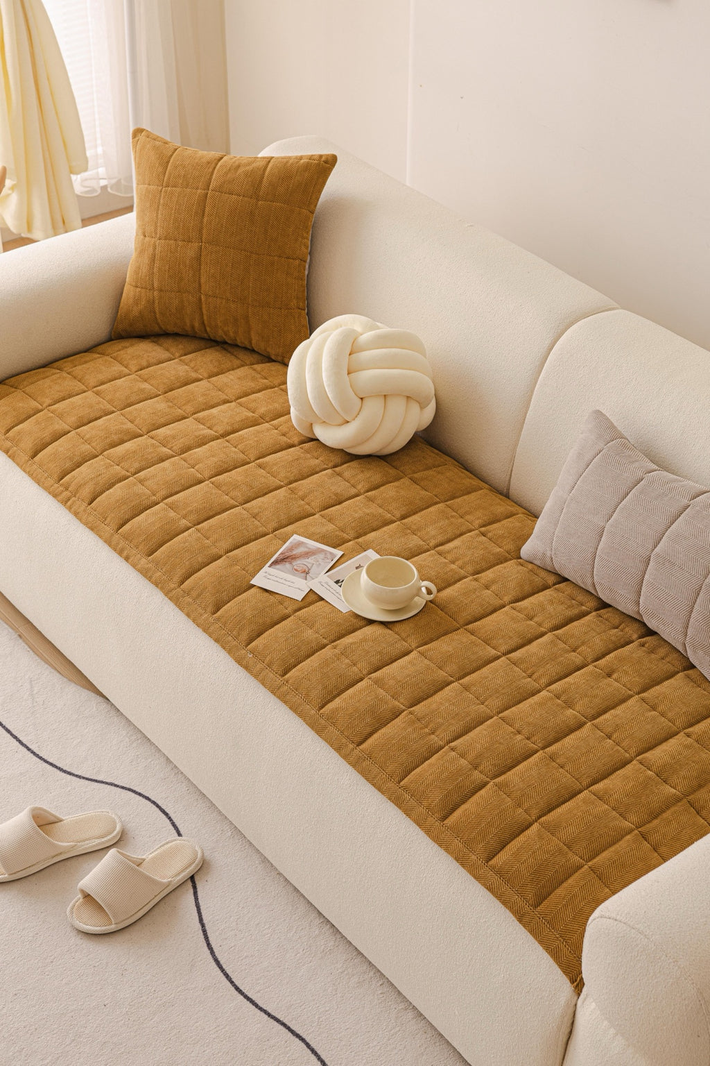 Sofa Decor Haven Quilted Corduroy Sofa Cover Piece in Ochre Gold - styled quilted sofa cover piece for quilted corduroy sofa cover pieces in Australia, image 18