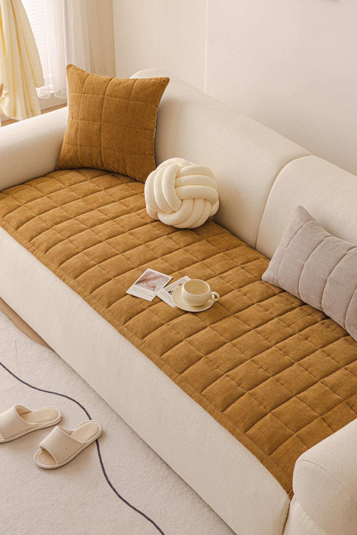 Sofa Decor Haven Quilted Corduroy Sofa Cover Piece in Ochre Gold - styled quilted sofa cover piece for quilted corduroy sofa cover pieces in Australia, image 18
