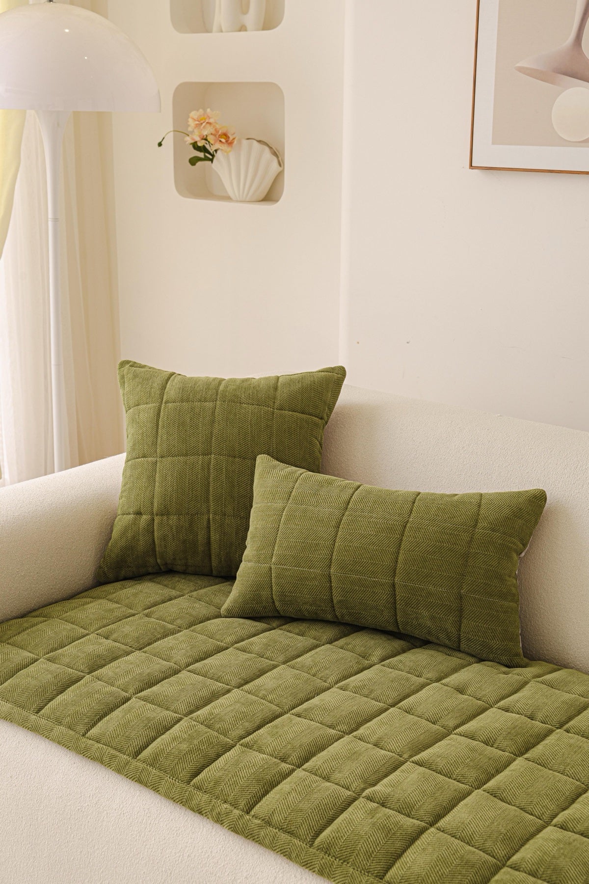 Sofa Decor Haven Quilted Corduroy Sofa Cover Piece in Olive Green - styled quilted sofa cover piece for quilted corduroy sofa cover pieces in Australia, image 33