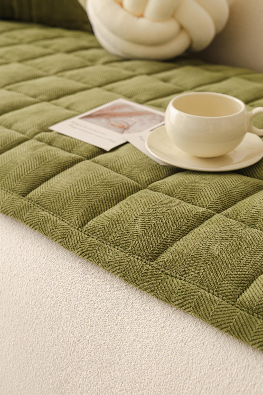 Sofa Decor Haven Quilted Corduroy Sofa Cover Piece in Olive Green - close sofa seat styling view for quilted corduroy sofa cover pieces in Australia, image 35