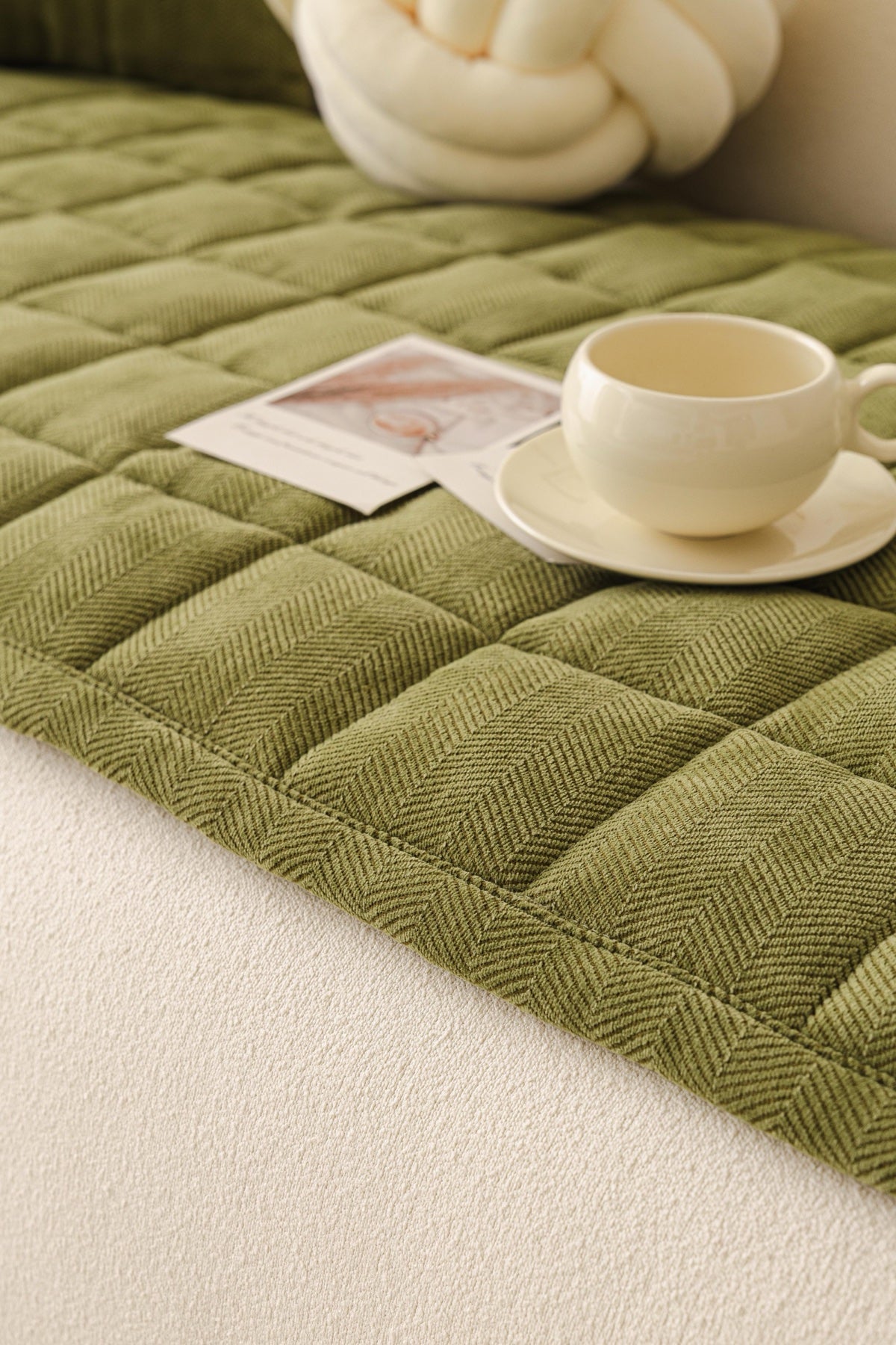 Sofa Decor Haven Quilted Corduroy Sofa Cover Piece in Olive Green - close sofa seat styling view for quilted corduroy sofa cover pieces in Australia, image 35