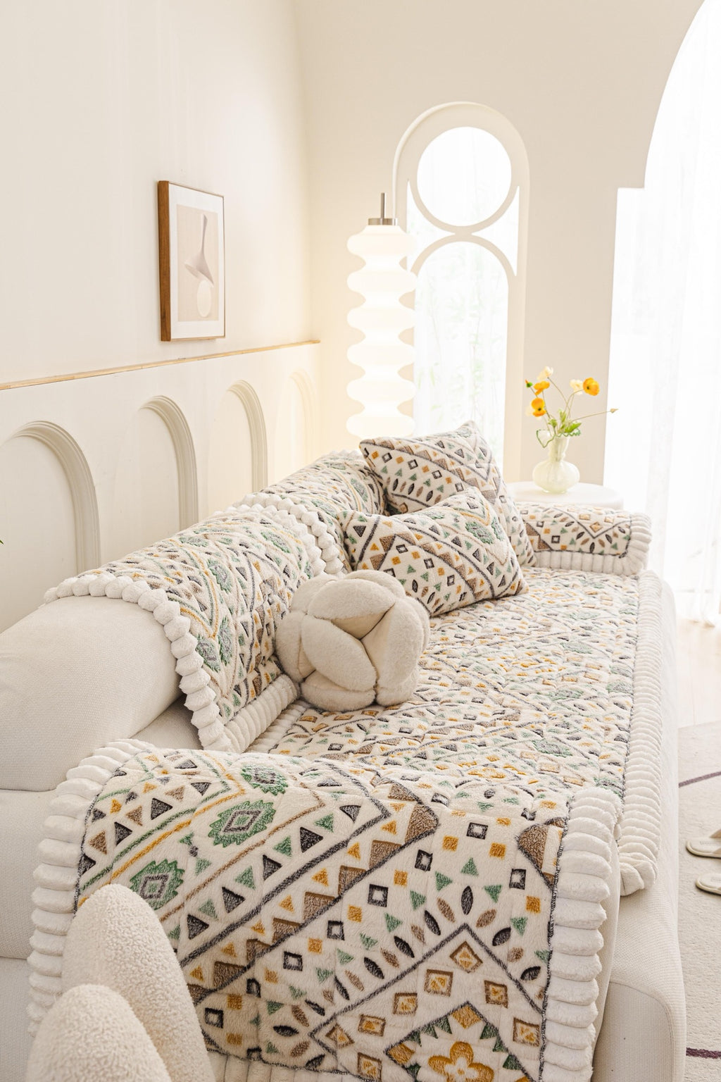 Sofa Decor Liora Pom Edge Boho Sofa Seat Cover - styled sofa fit view for boho sofa cover piece in Australia, image 16