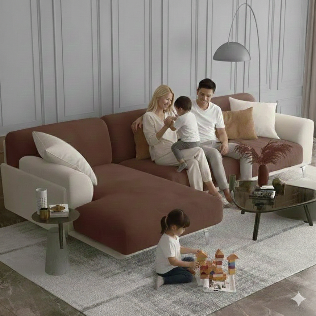 Luxury soft velvet sofa seat cover in brown on modern sectional sofa in family living room