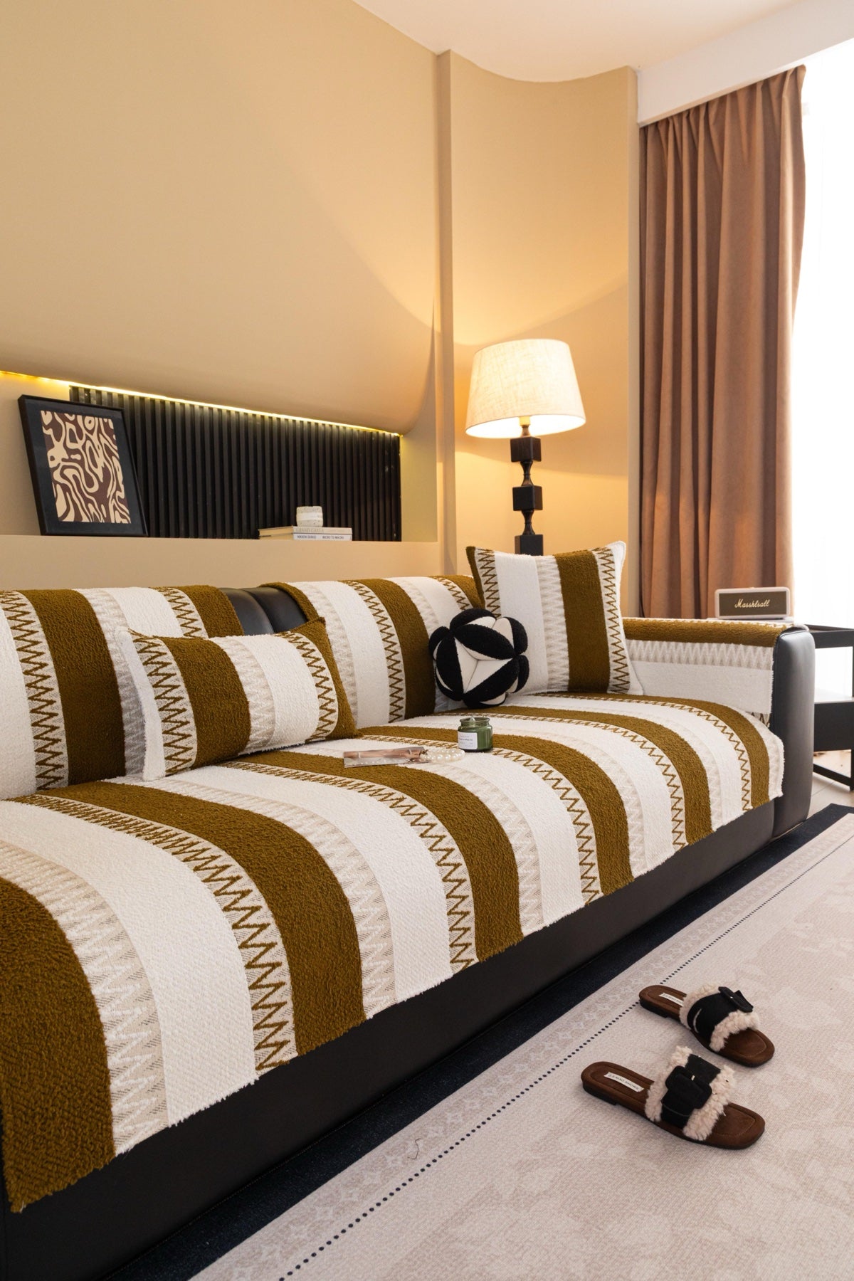 Sofa Decor Marlow Plush Stripe Sofa Seat Cover in Caramel Brown Stripe - lifestyle image for plush striped couch cover pieces in Australia