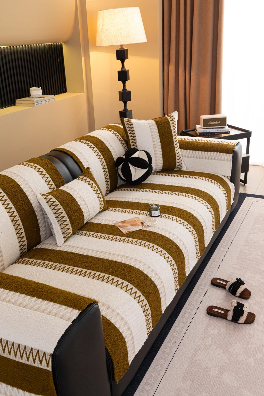 Sofa Decor Marlow Plush Stripe Sofa Seat Cover in Caramel Brown Stripe - detail image for plush striped couch cover pieces in Australia