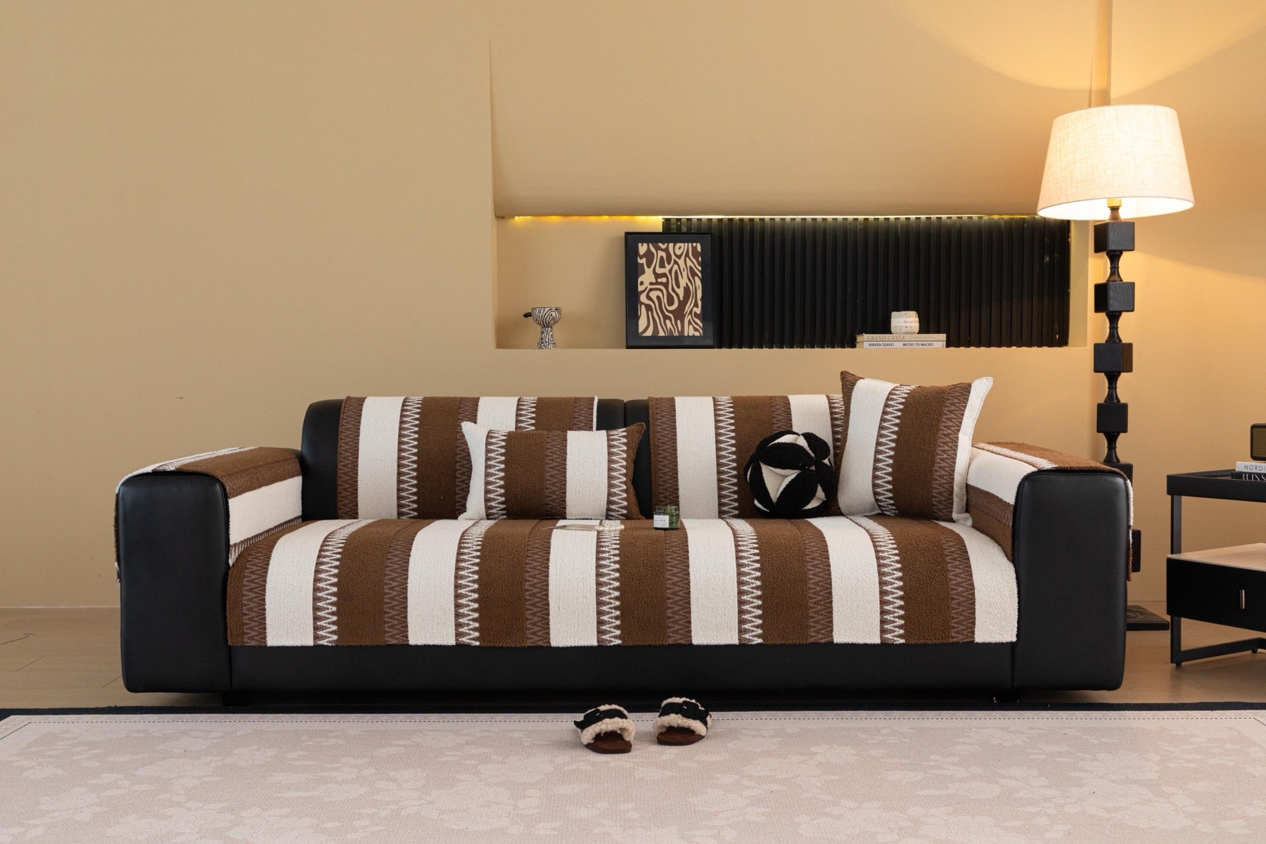 Sofa Decor Marlow Plush Stripe Sofa Seat Cover in Mocha Brown Stripe - lifestyle image for plush striped couch cover pieces in Australia