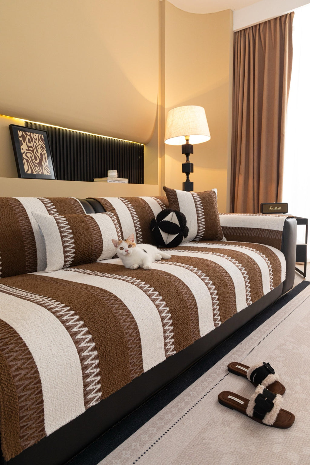 Sofa Decor Marlow Plush Stripe Sofa Seat Cover in Mocha Brown Stripe - detail image for plush striped couch cover pieces in Australia
