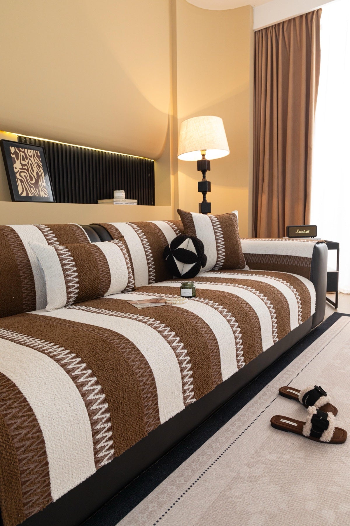 Sofa Decor Marlow Plush Stripe Sofa Seat Cover in Mocha Brown Stripe - detail image for plush striped couch cover pieces in Australia
