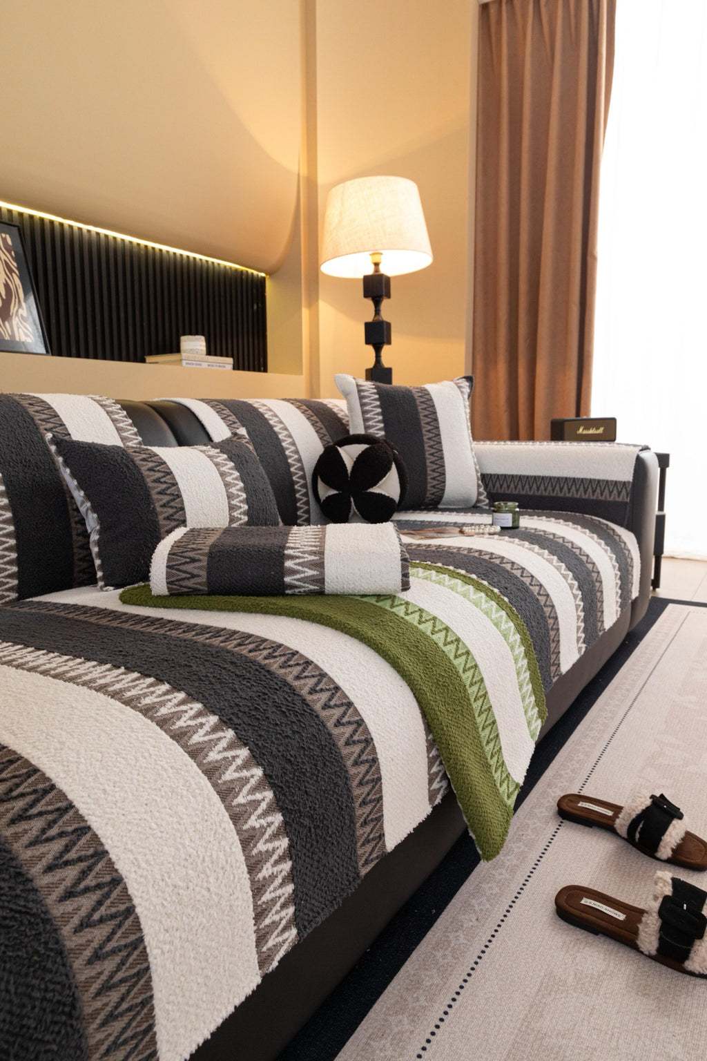 Sofa Decor Marlow Plush Stripe Sofa Seat Cover in Olive Green Stripe - detail image for plush striped couch cover pieces in Australia
