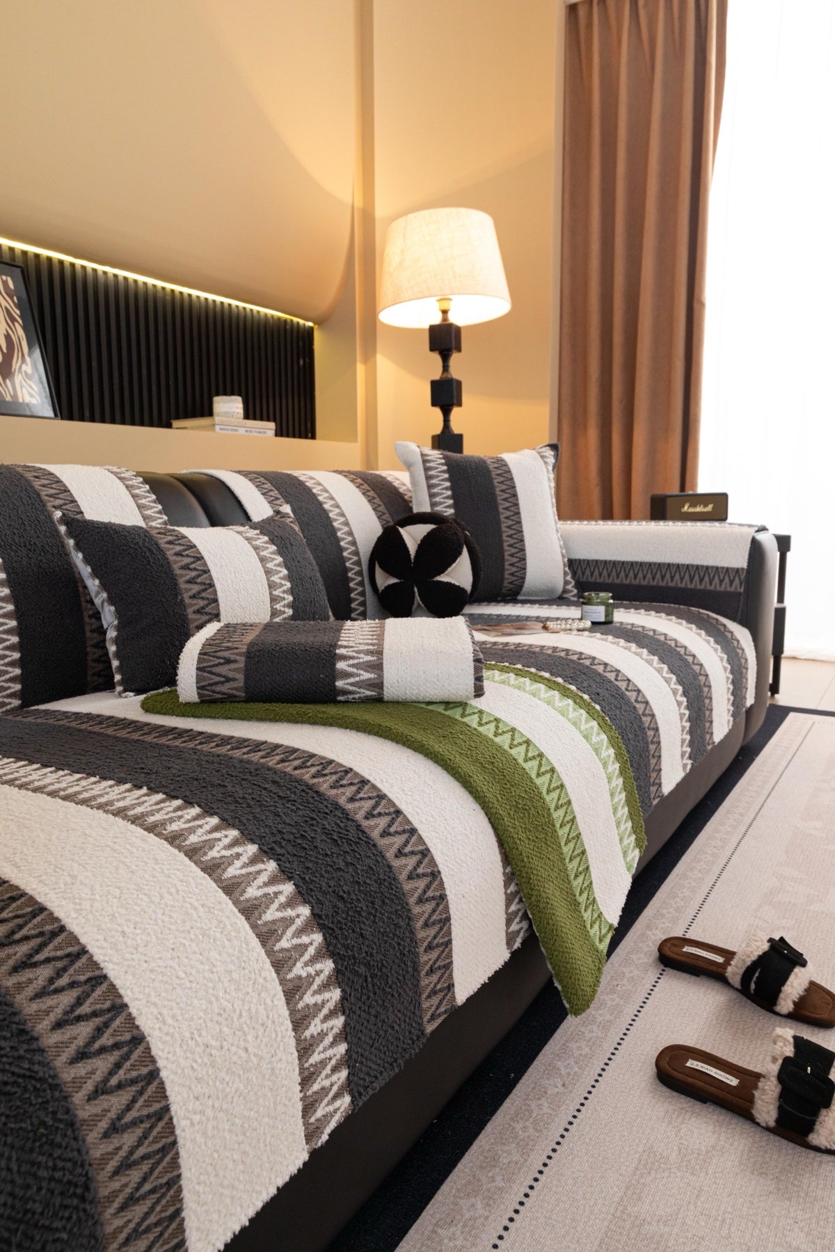 Sofa Decor Marlow Plush Stripe Sofa Seat Cover in Olive Green Stripe - detail image for plush striped couch cover pieces in Australia