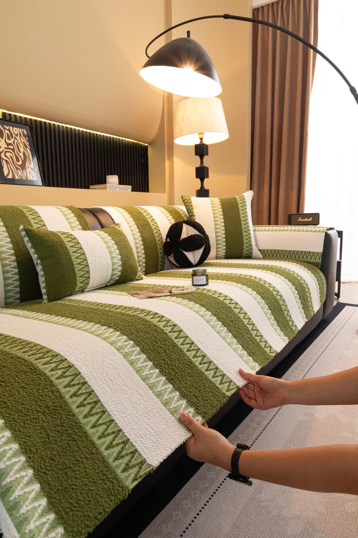 Sofa Decor Marlow Plush Stripe Sofa Seat Cover in Olive Green Stripe - detail image for plush striped couch cover pieces in Australia