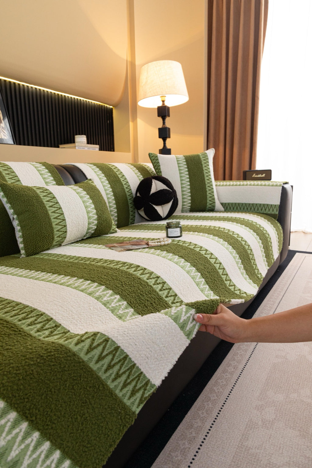 Sofa Decor Marlow Plush Stripe Sofa Seat Cover in Olive Green Stripe - detail image for plush striped couch cover pieces in Australia