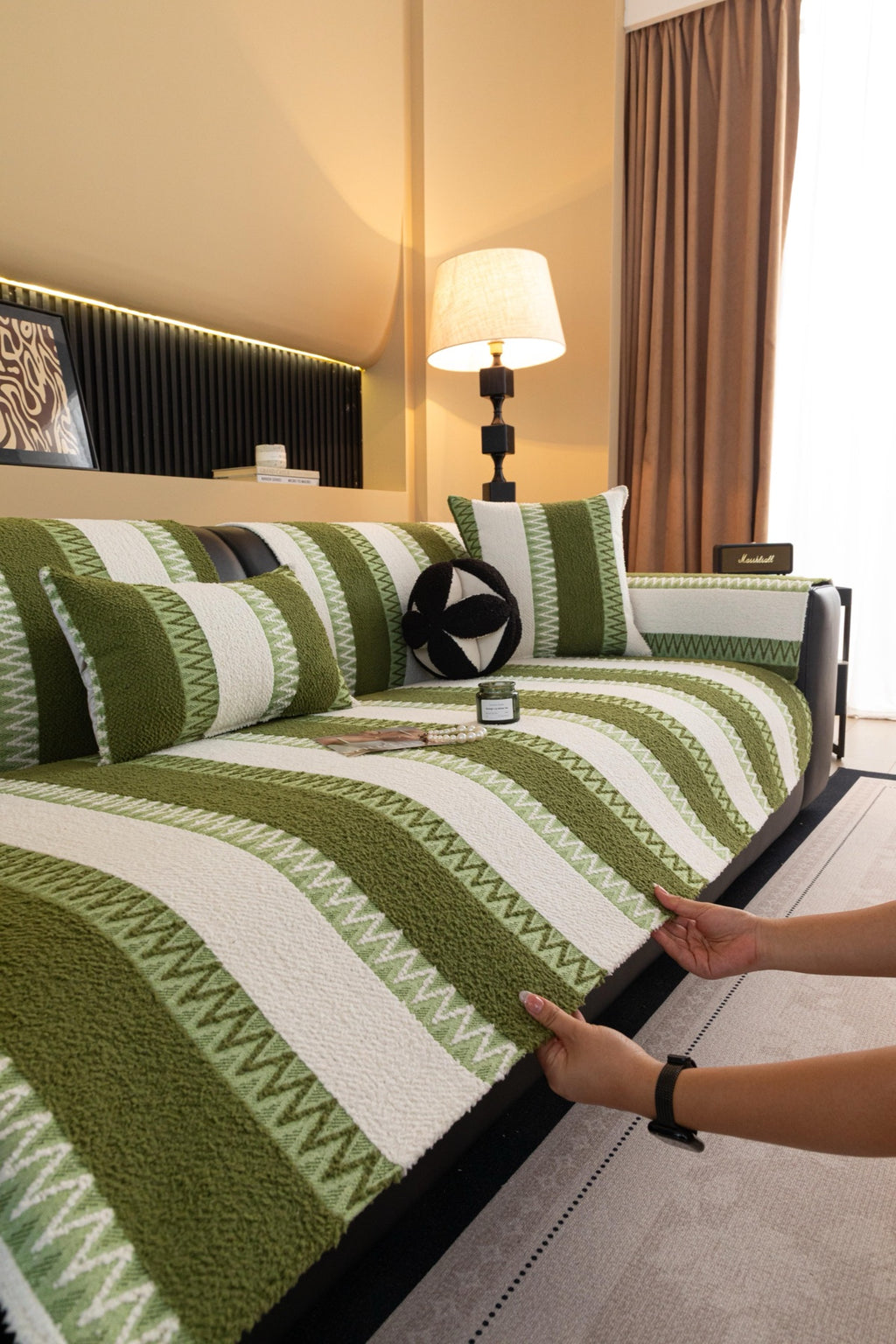 Sofa Decor Marlow Plush Stripe Sofa Seat Cover in Olive Green Stripe - detail image for plush striped couch cover pieces in Australia