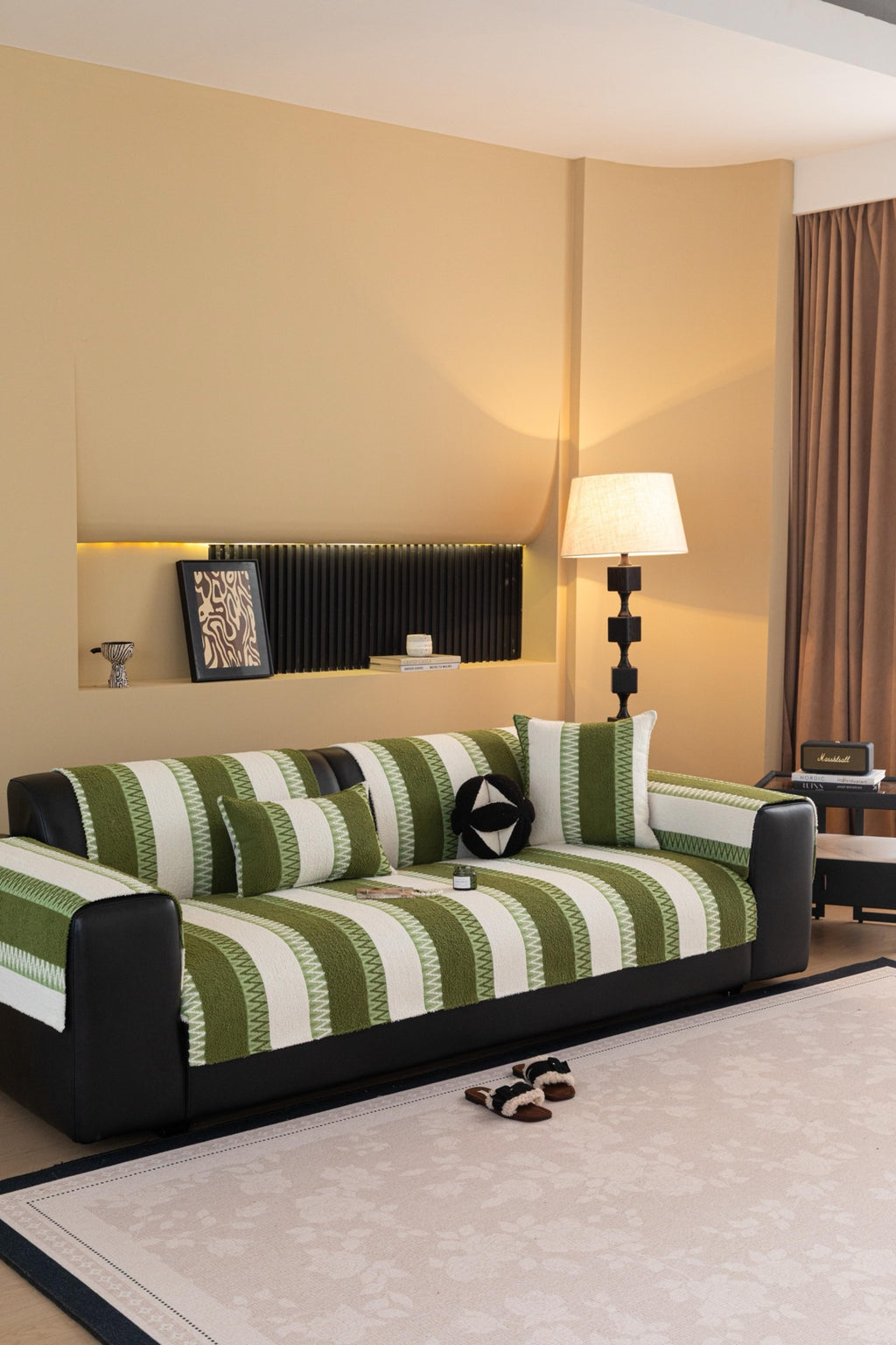 Sofa Decor Marlow Plush Stripe Sofa Seat Cover in Olive Green Stripe - detail image for plush striped couch cover pieces in Australia