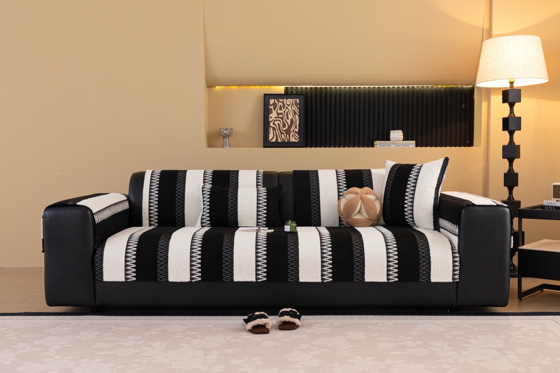Sofa Decor Marlow Plush Stripe Sofa Seat Cover in Onyx Black Stripe - lifestyle image for plush striped couch cover pieces in Australia