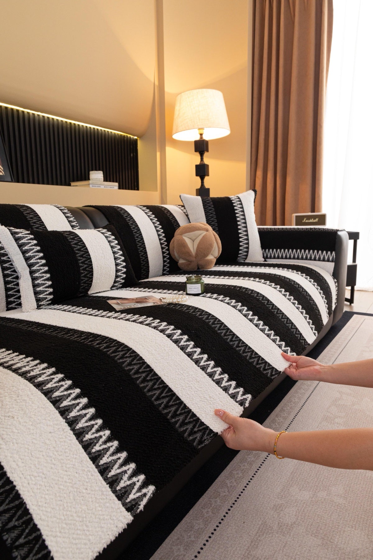 Sofa Decor Marlow Plush Stripe Sofa Seat Cover in Onyx Black Stripe - detail image for plush striped couch cover pieces in Australia