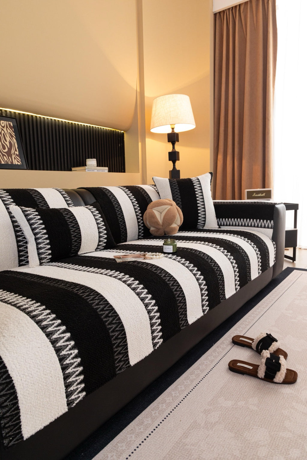 Sofa Decor Marlow Plush Stripe Sofa Seat Cover in Onyx Black Stripe - detail image for plush striped couch cover pieces in Australia