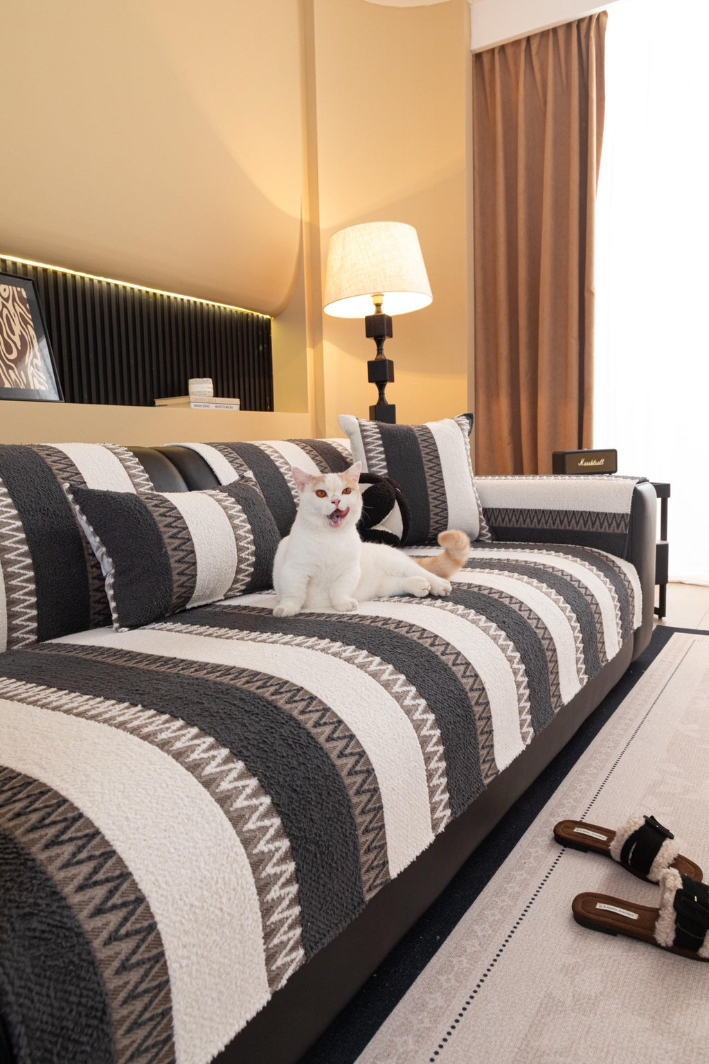 Sofa Decor Marlow Plush Stripe Sofa Seat Cover in Onyx Black Stripe - detail image for plush striped couch cover pieces in Australia
