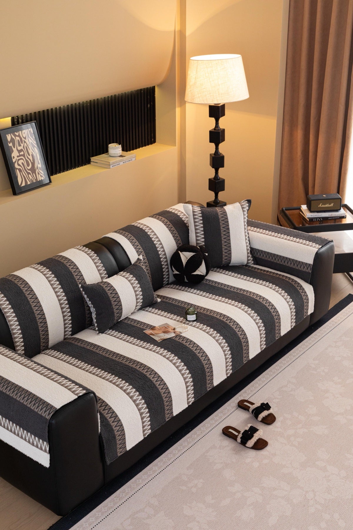 Sofa Decor Marlow Plush Stripe Sofa Seat Cover in Onyx Black Stripe - detail image for plush striped couch cover pieces in Australia