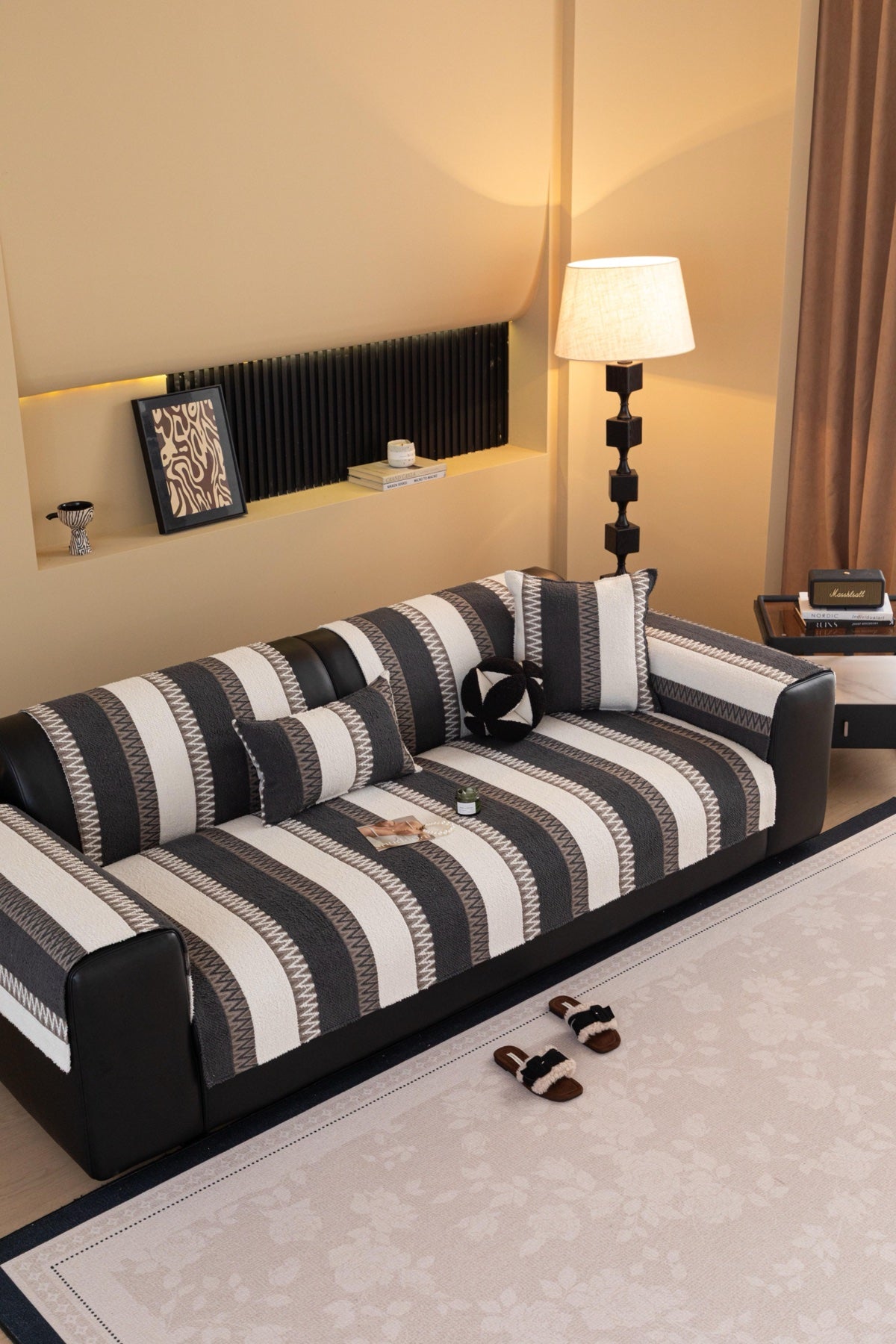 Sofa Decor Marlow Plush Stripe Sofa Seat Cover in Onyx Black Stripe - detail image for plush striped couch cover pieces in Australia