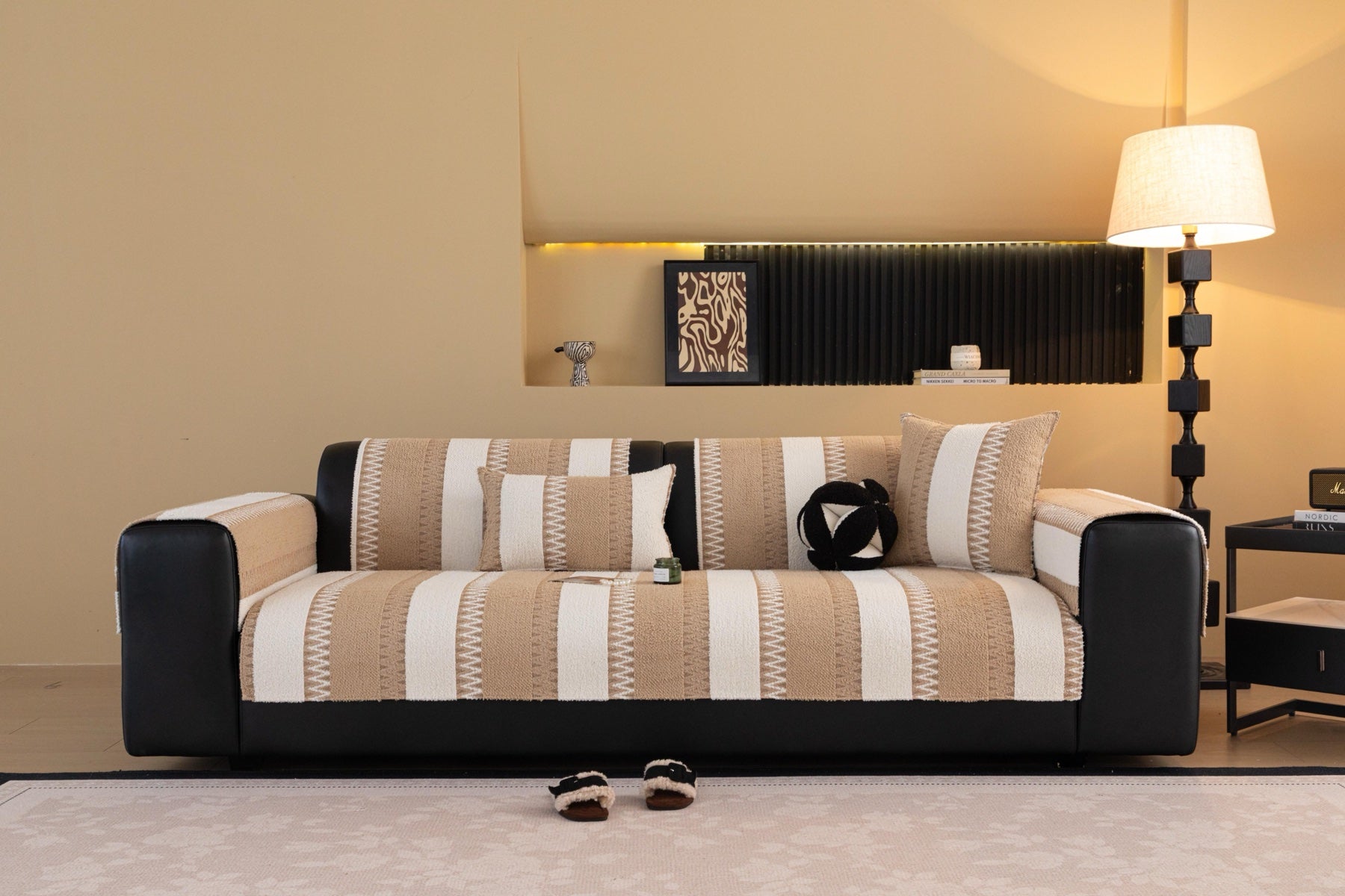 Sofa Decor Marlow Plush Stripe Sofa Seat Cover in Sand Beige Stripe - lifestyle image for plush striped couch cover pieces in Australia