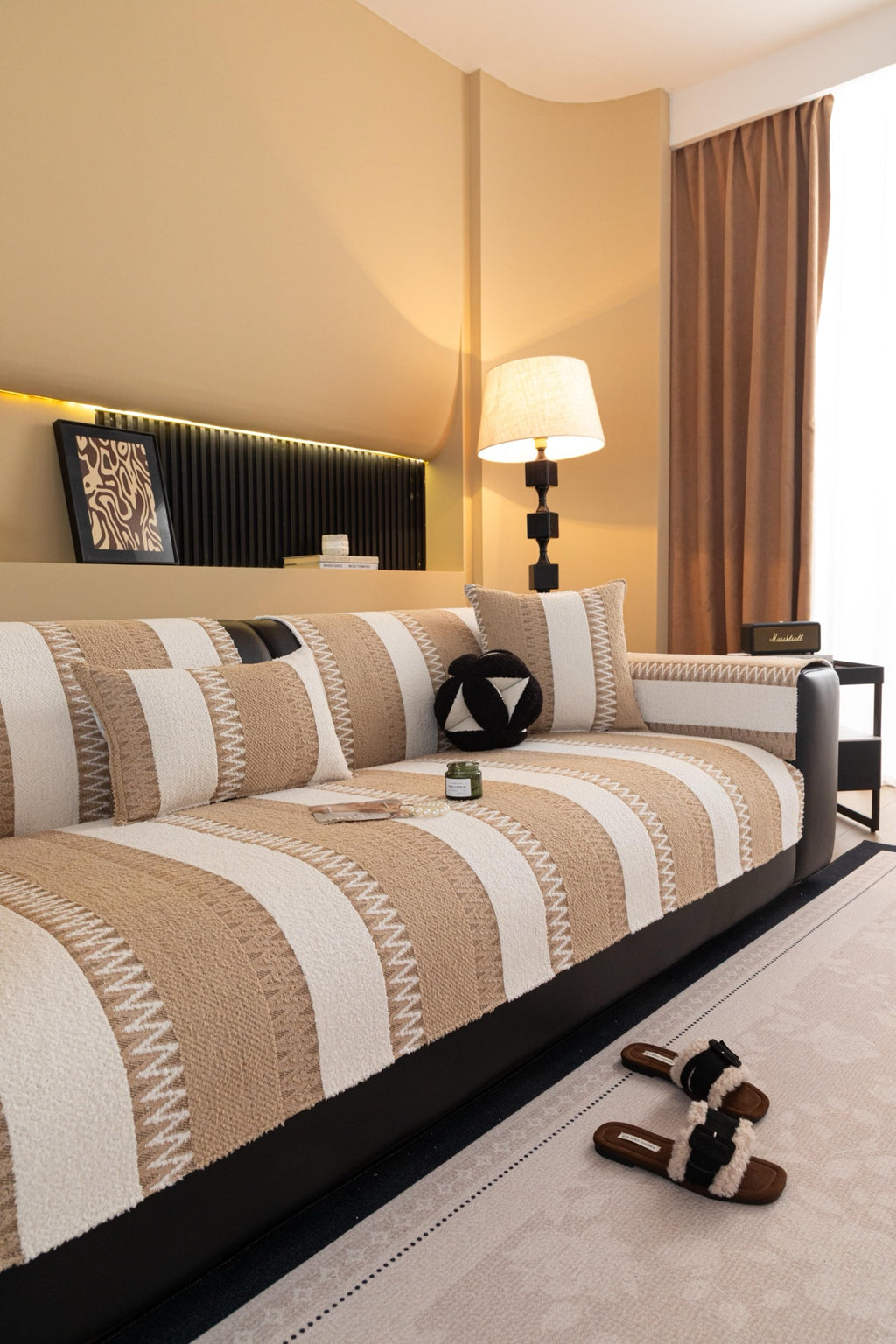 Sofa Decor Marlow Plush Stripe Sofa Seat Cover in Sand Beige Stripe - detail image for plush striped couch cover pieces in Australia
