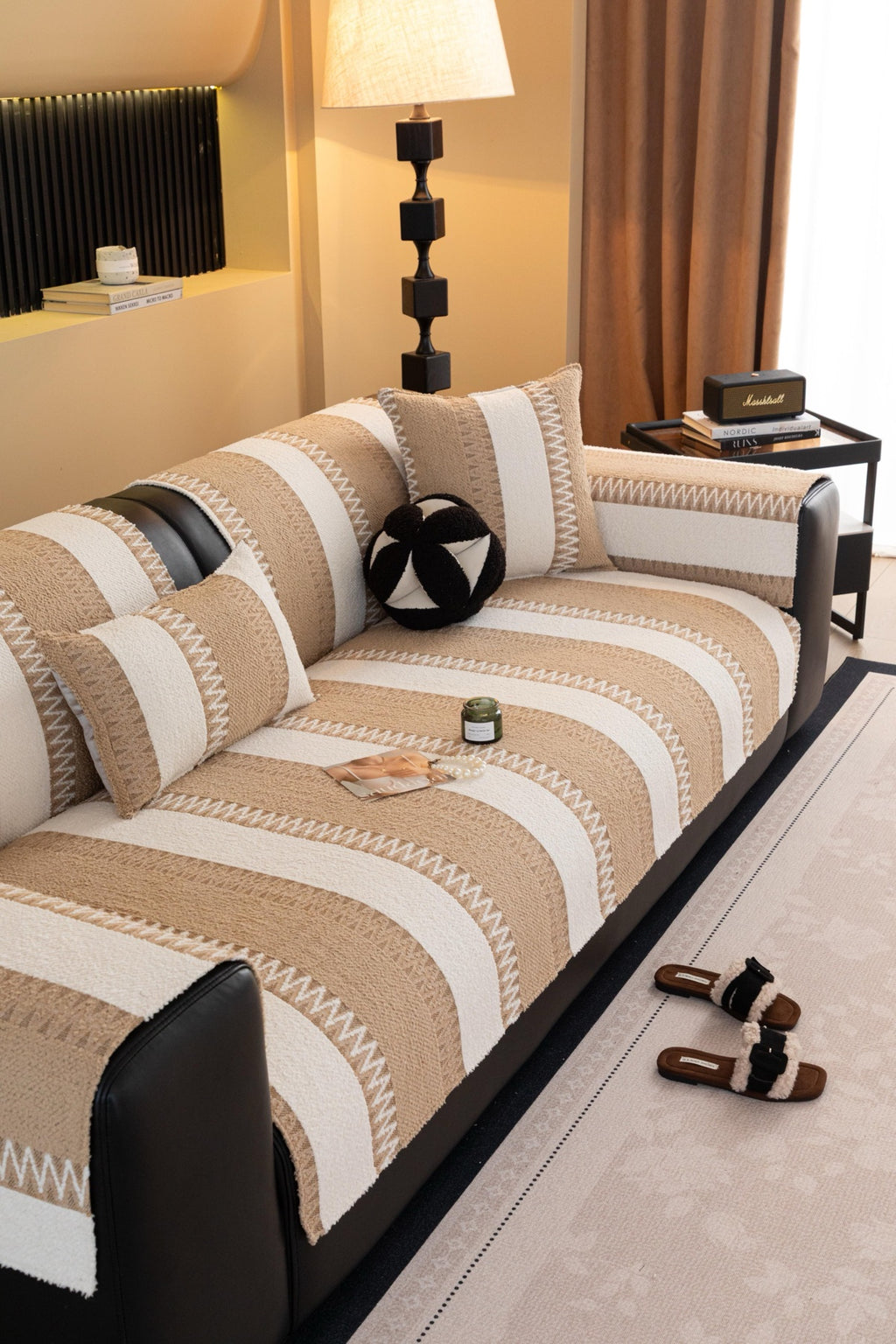 Sofa Decor Marlow Plush Stripe Sofa Seat Cover in Sand Beige Stripe - detail image for plush striped couch cover pieces in Australia