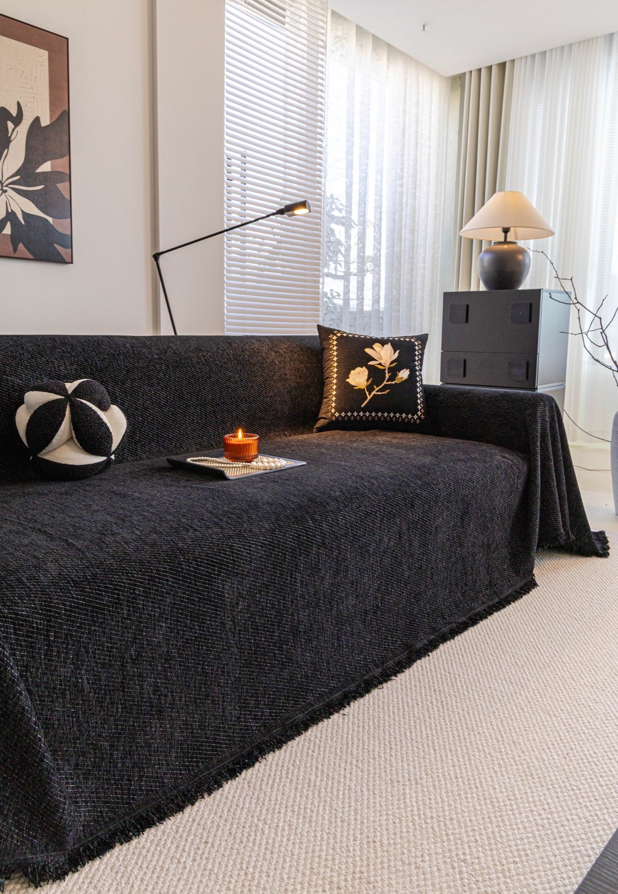 Sofa Decor Milano Ribbed Fringe Sofa Throw Cover in Charcoal Black - ribbed sofa throw cover styled couch cover in Australia, image 25