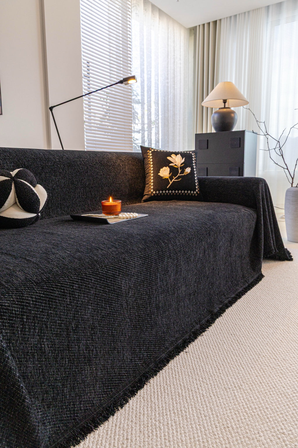 Sofa Decor Milano Ribbed Fringe Sofa Throw Cover in Charcoal Black - ribbed sofa throw cover styled couch cover in Australia, image 26