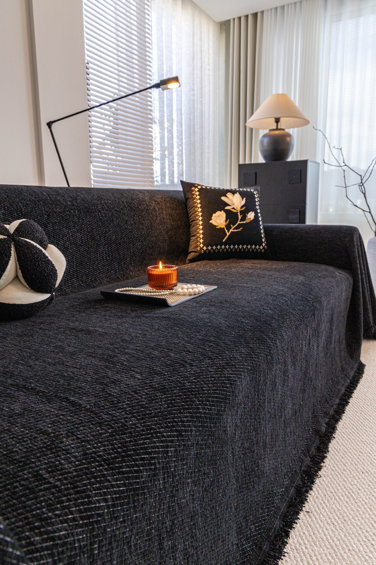 Sofa Decor Milano Ribbed Fringe Sofa Throw Cover in Charcoal Black - ribbed sofa throw cover styled couch cover in Australia, image 27