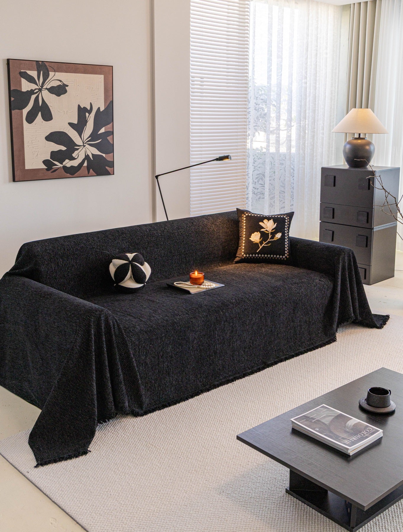 Sofa Decor Milano Ribbed Fringe Sofa Throw Cover in Charcoal Black - ribbed sofa throw cover styled couch cover in Australia, image 29