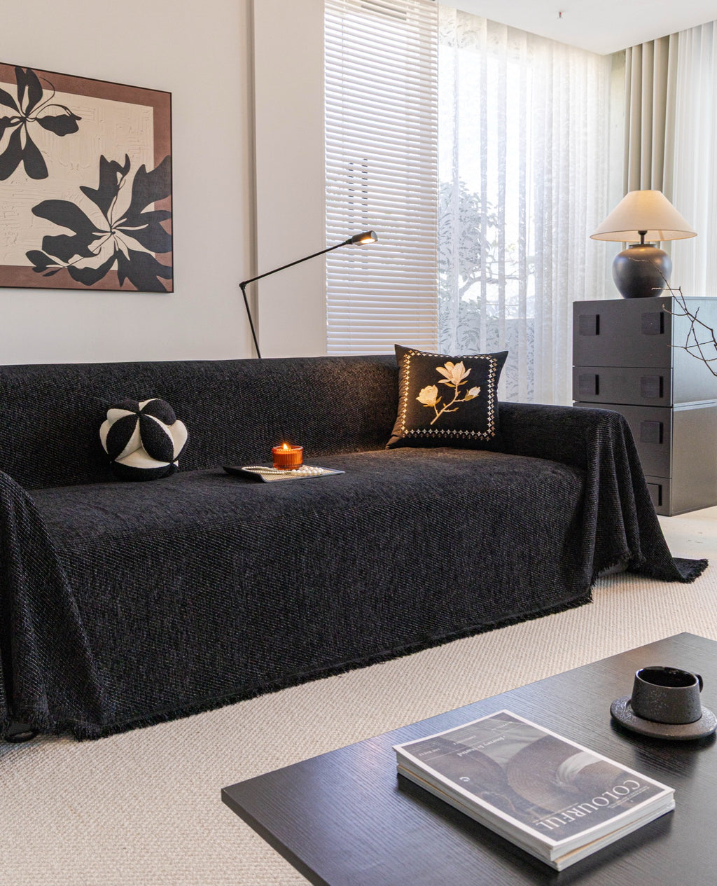Sofa Decor Milano Ribbed Fringe Sofa Throw Cover in Charcoal Black - ribbed sofa throw cover styled couch cover in Australia, image 30