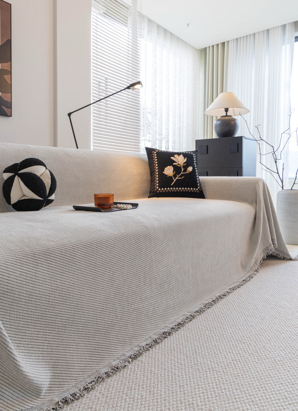 Sofa Decor Milano Ribbed Fringe Sofa Throw Cover in Cloud Grey - ribbed sofa throw cover styled couch cover in Australia, image 33
