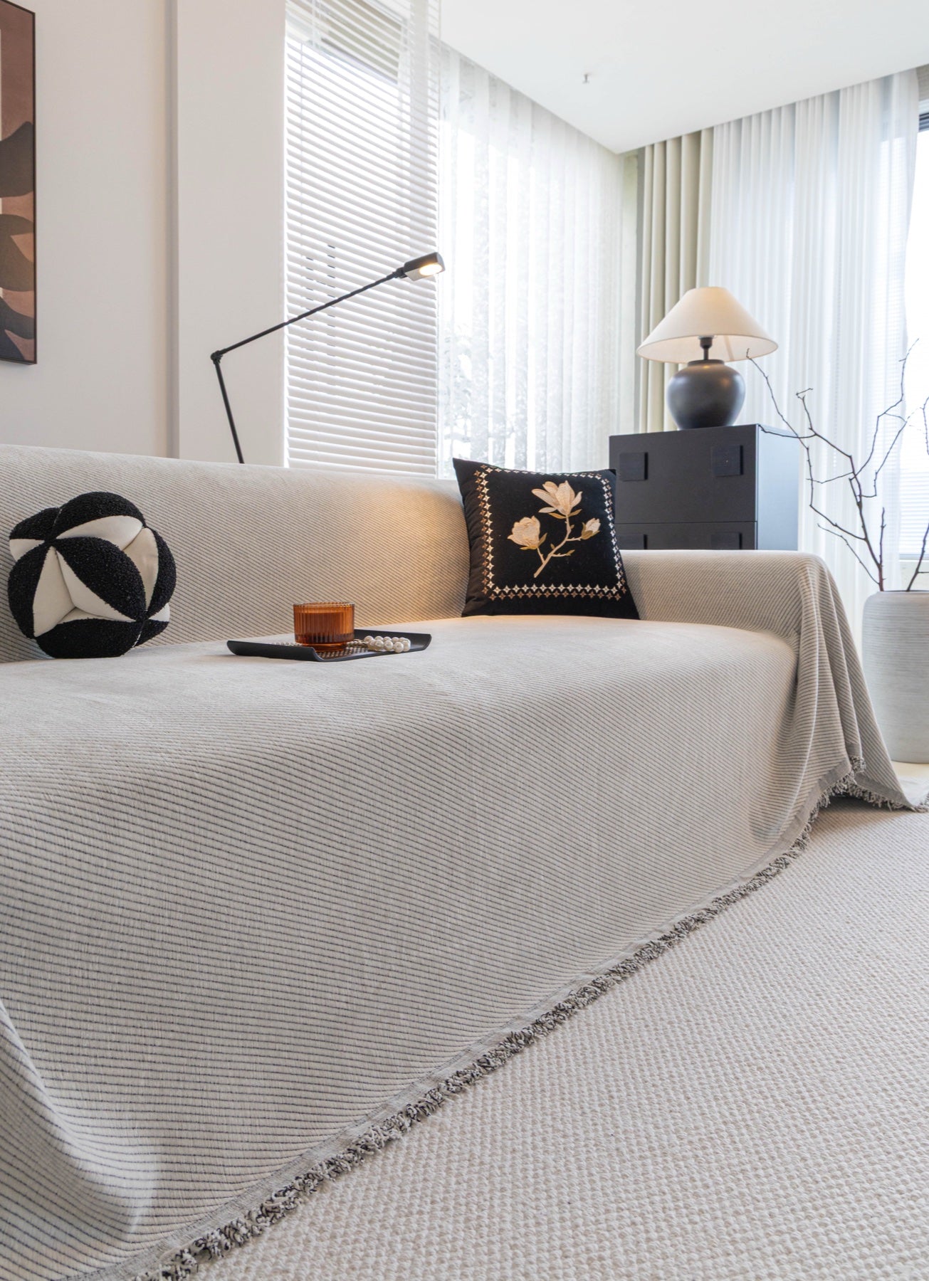 Sofa Decor Milano Ribbed Fringe Sofa Throw Cover in Cloud Grey - ribbed sofa throw cover styled couch cover in Australia, image 33