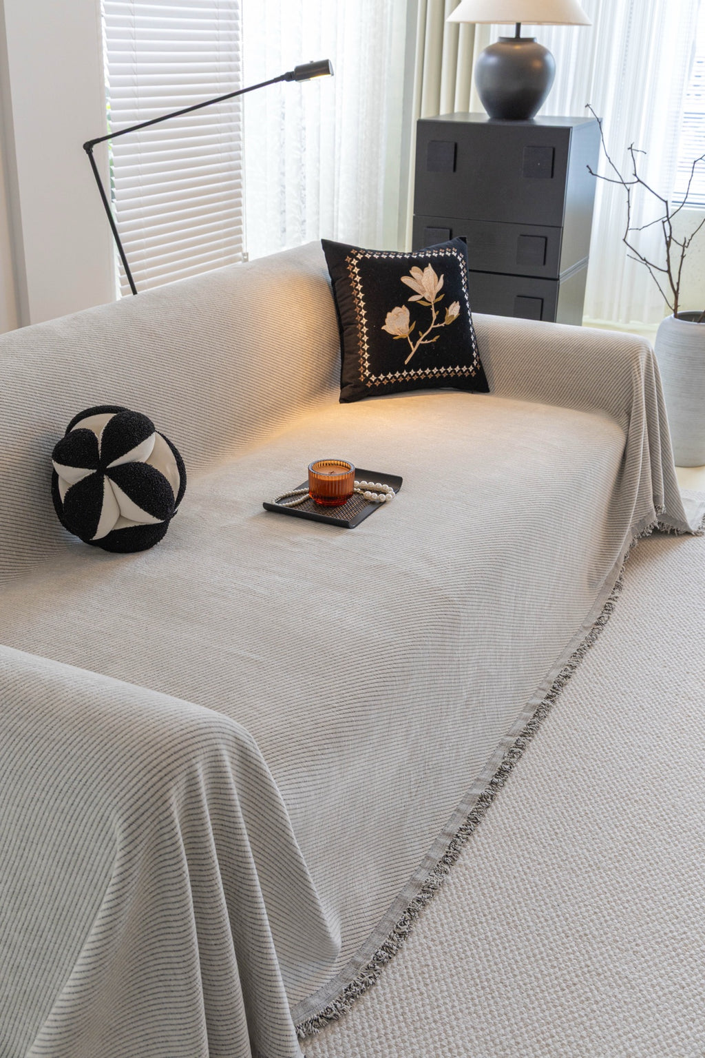 Sofa Decor Milano Ribbed Fringe Sofa Throw Cover in Cloud Grey - ribbed sofa throw cover styled couch cover in Australia, image 37