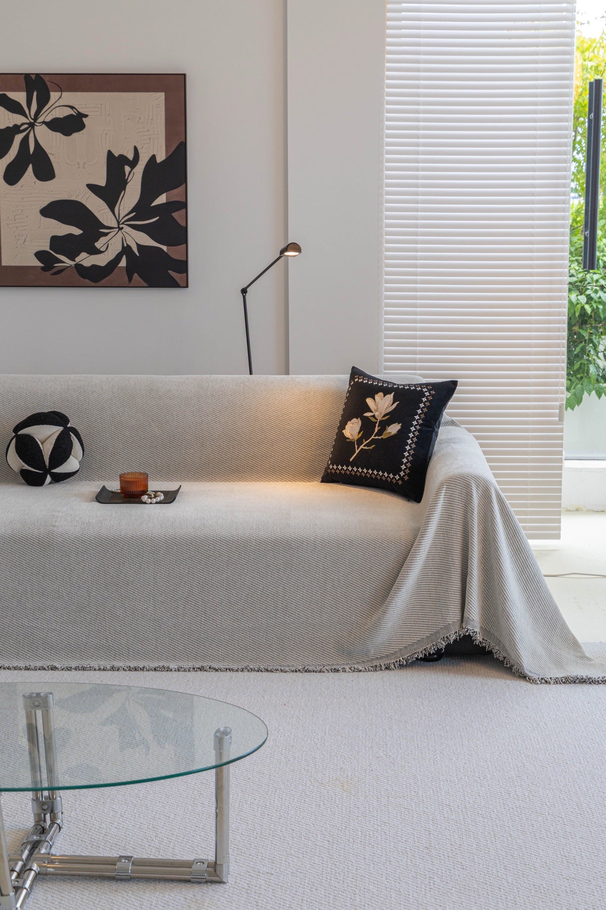 Sofa Decor Milano Ribbed Fringe Sofa Throw Cover in Cloud Grey - ribbed sofa throw cover styled couch cover in Australia, image 42
