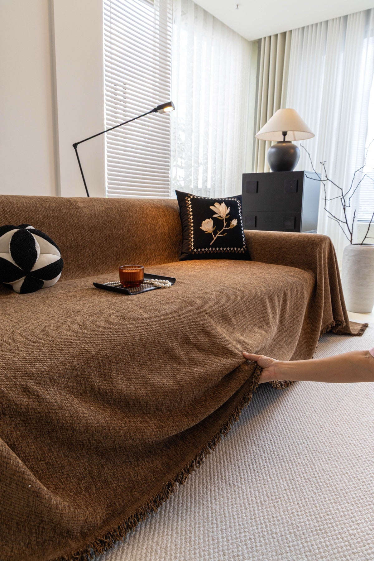 Sofa Decor Milano Ribbed Fringe Sofa Throw Cover in Cocoa Brown - ribbed sofa throw cover hand and drape closeup in Australia, image 1