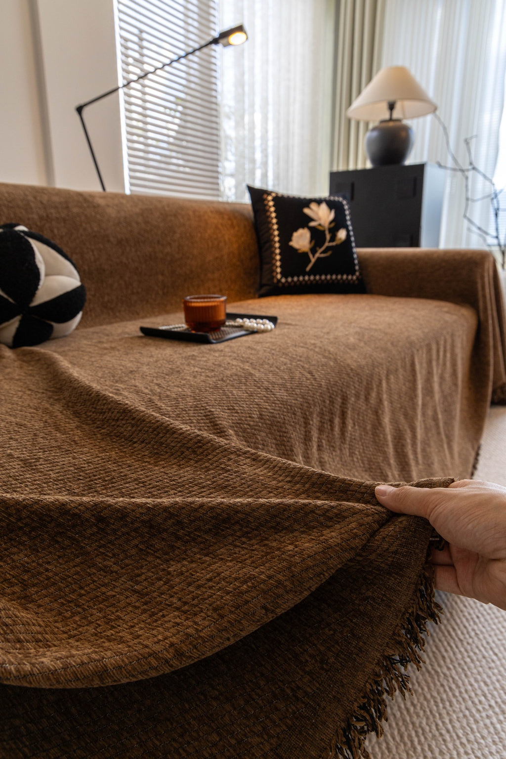 Sofa Decor Milano Ribbed Fringe Sofa Throw Cover in Cocoa Brown - ribbed sofa throw cover hand and drape closeup in Australia, image 2
