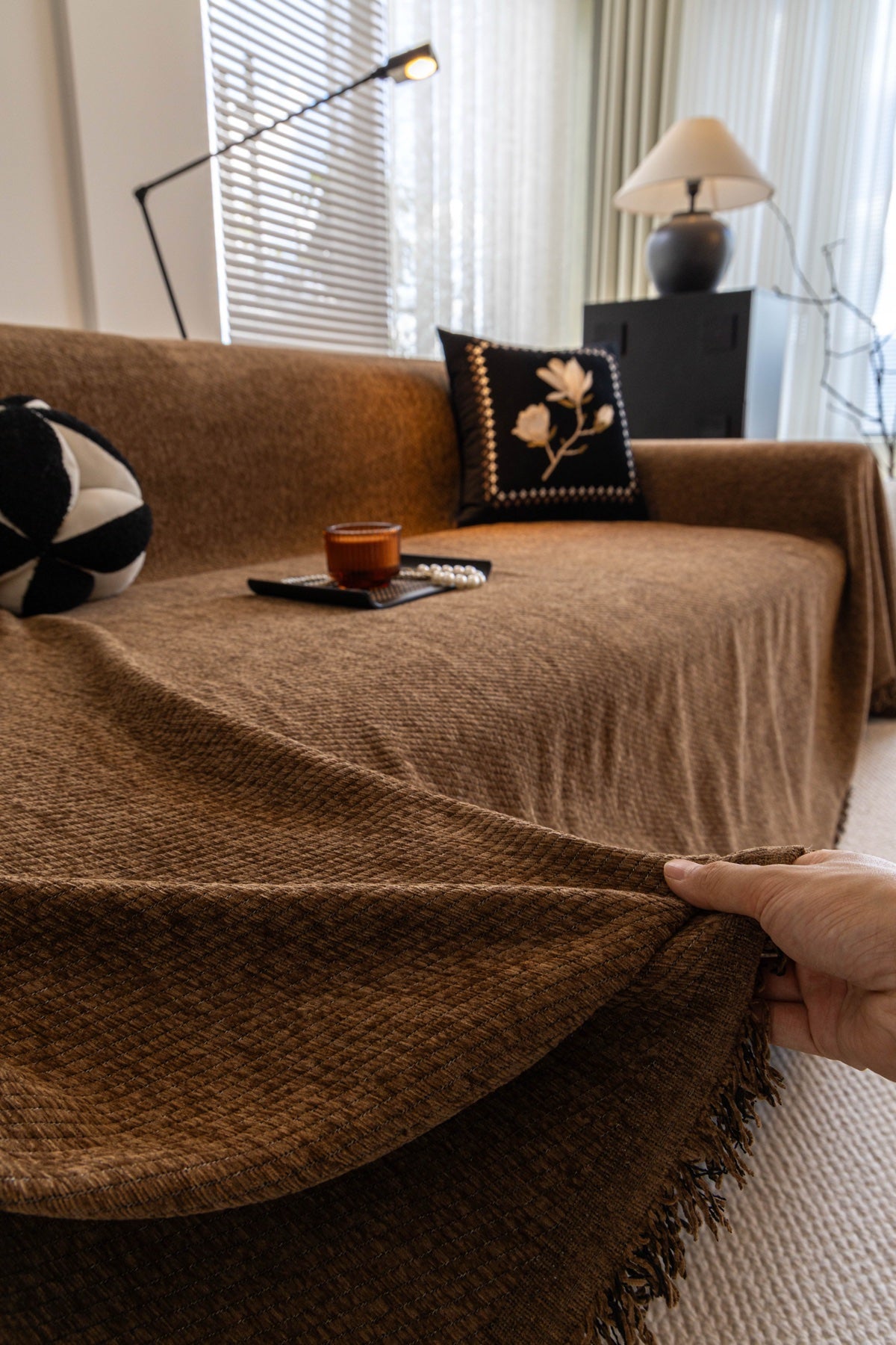 Sofa Decor Milano Ribbed Fringe Sofa Throw Cover in Cocoa Brown - ribbed sofa throw cover hand and drape closeup in Australia, image 2