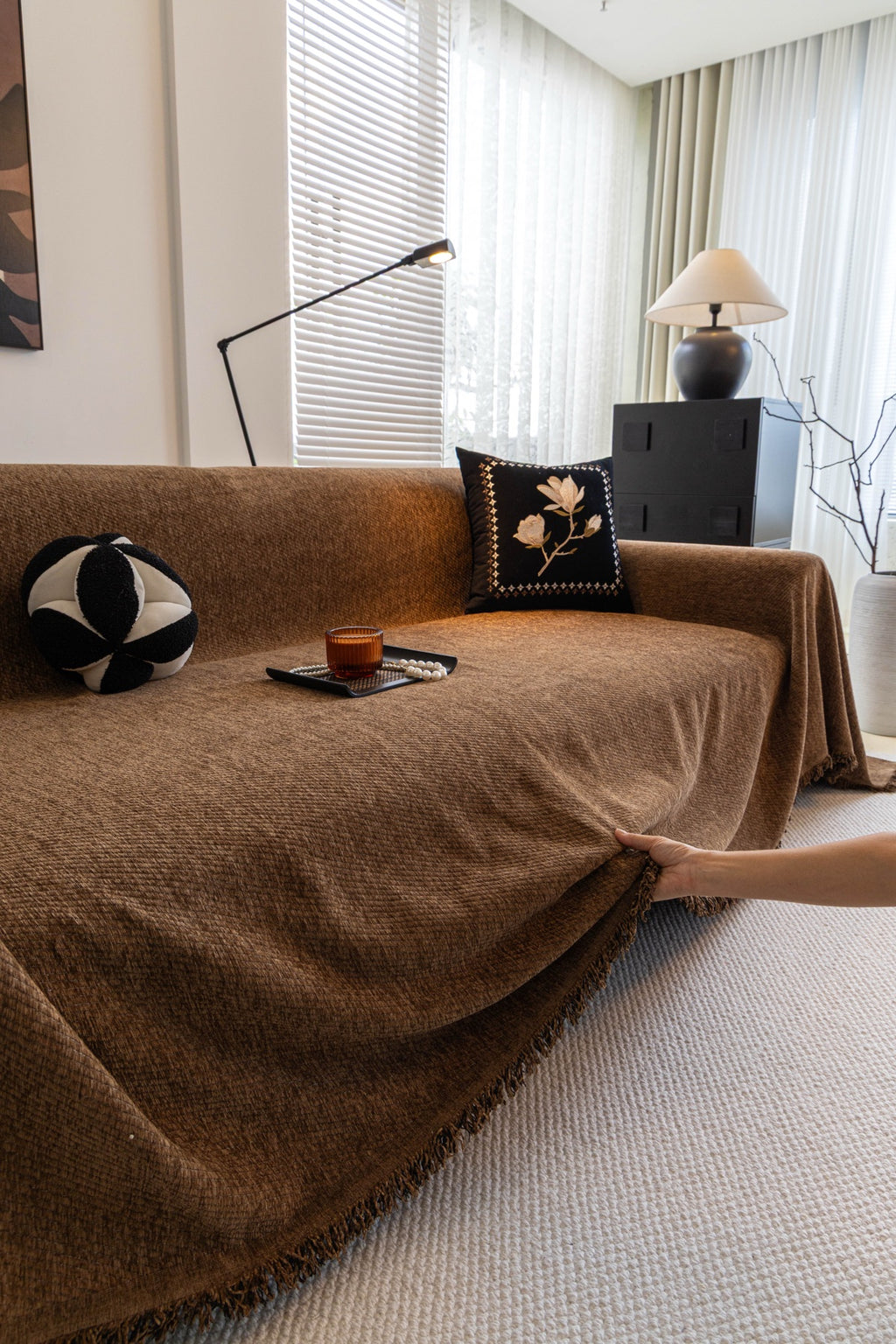 Sofa Decor Milano Ribbed Fringe Sofa Throw Cover in Cocoa Brown - ribbed sofa throw cover styled couch cover in Australia, image 4