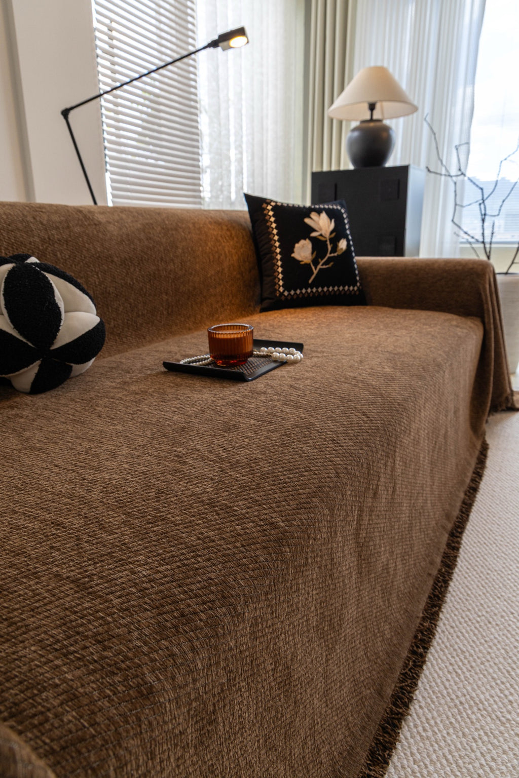 Sofa Decor Milano Ribbed Fringe Sofa Throw Cover in Cocoa Brown - ribbed sofa throw cover styled couch cover in Australia, image 5