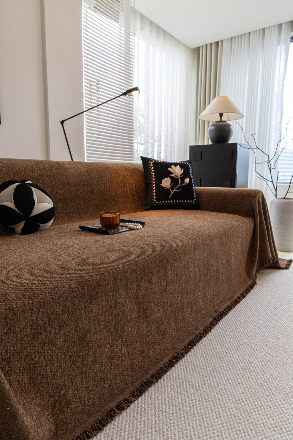 Sofa Decor Milano Ribbed Fringe Sofa Throw Cover in Cocoa Brown - ribbed sofa throw cover styled couch cover in Australia, image 6