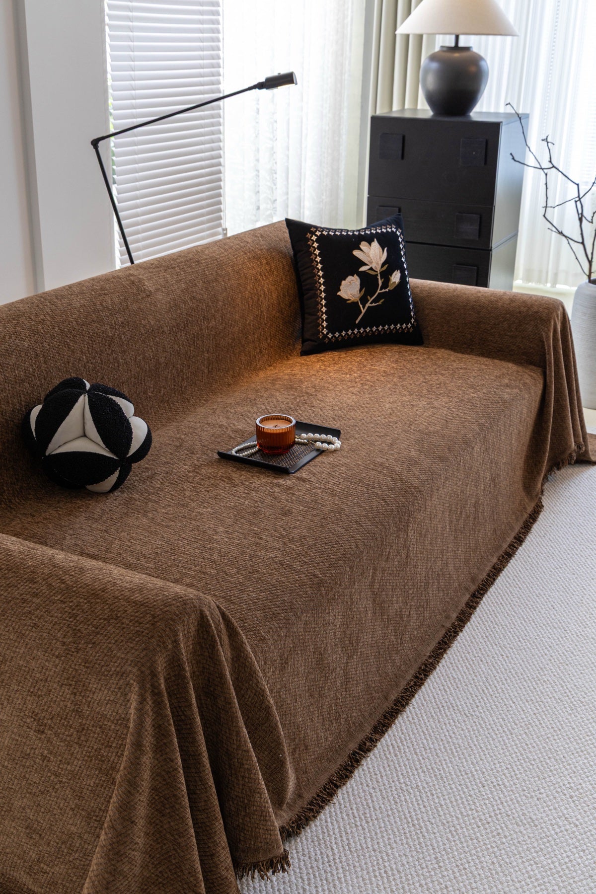 Sofa Decor Milano Ribbed Fringe Sofa Throw Cover in Cocoa Brown - ribbed sofa throw cover styled couch cover in Australia, image 8